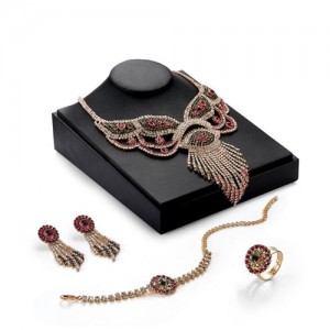 Luxurious Rhinestone Inlaid Brides Flower Fashion 4pcs Wedding Party Jewelry Set