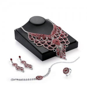 Luxurious Hearts Theme Peacock Feather Design 4pcs Wedding Party Rhinestone Jewelry Set