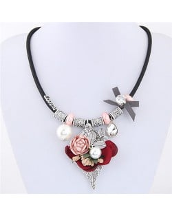 Flowers Leaves and Beads Pendants High Fashion Costume Necklace - Pink