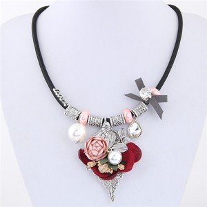 Flowers Leaves and Beads Pendants High Fashion Costume Necklace - Pink