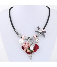 Flowers Leaves and Beads Pendants High Fashion Costume Necklace - Pink