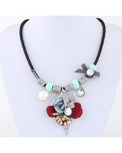 Flowers Leaves and Beads Pendants High Fashion Costume Necklace - Blue