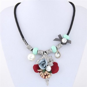 Flowers Leaves and Beads Pendants High Fashion Costume Necklace - Blue