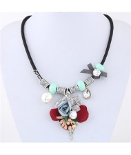 Flowers Leaves and Beads Pendants High Fashion Costume Necklace - Blue