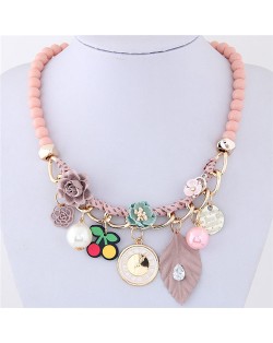 Flowers Clock and Assorted Elements Pendants Fashion Statement Necklace - Pink