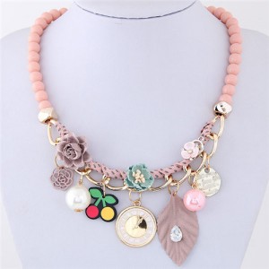 Flowers Clock and Assorted Elements Pendants Fashion Statement Necklace - Pink