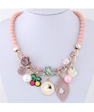 Flowers Clock and Assorted Elements Pendants Fashion Statement Necklace - Pink
