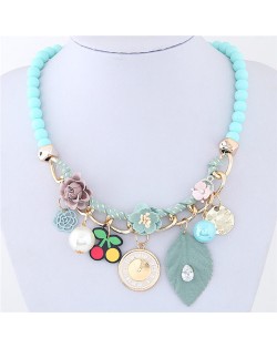 Flowers Clock and Assorted Elements Pendants Fashion Statement Necklace - Blue