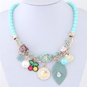 Flowers Clock and Assorted Elements Pendants Fashion Statement Necklace - Blue