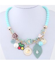 Flowers Clock and Assorted Elements Pendants Fashion Statement Necklace - Blue