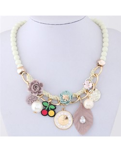 Flowers Clock and Assorted Elements Pendants Fashion Statement Necklace - White