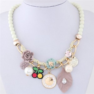 Flowers Clock and Assorted Elements Pendants Fashion Statement Necklace - White