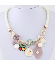 Flowers Clock and Assorted Elements Pendants Fashion Statement Necklace - White