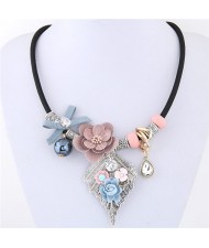 Delicate Flowers on the Leaf Design Fashion Statement Necklace - Pink