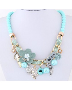 Flowers and Leaves Believe Fashion Beads Necklace - Blue