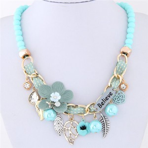 Flowers and Leaves Believe Fashion Beads Necklace - Blue