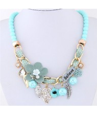 Flowers and Leaves Believe Fashion Beads Necklace - Blue