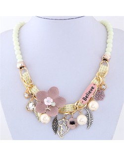 Flowers and Leaves Believe Fashion Beads Necklace - White