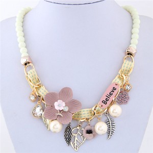 Flowers and Leaves Believe Fashion Beads Necklace - White