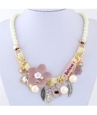 Flowers and Leaves Believe Fashion Beads Necklace - White