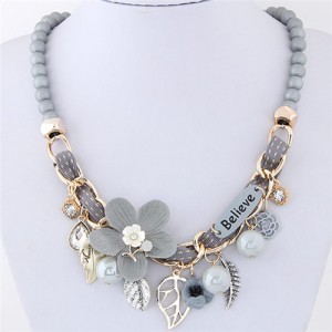 Flowers and Leaves Believe Fashion Beads Necklace - Gray