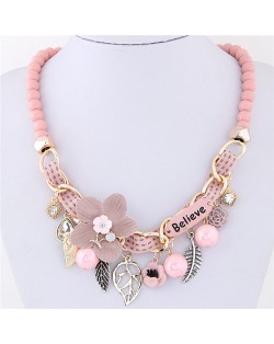 Flowers and Leaves Believe Fashion Beads Necklace - Pink