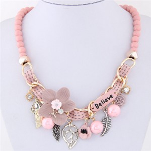 Flowers and Leaves Believe Fashion Beads Necklace - Pink