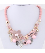 Flowers and Leaves Believe Fashion Beads Necklace - Pink