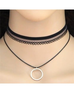 Dangling Circle Dual Layer Black Lace Fashion Necklace