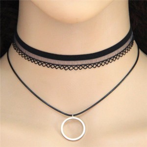 Dangling Circle Dual Layer Black Lace Fashion Necklace