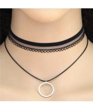Dangling Circle Dual Layer Black Lace Fashion Necklace