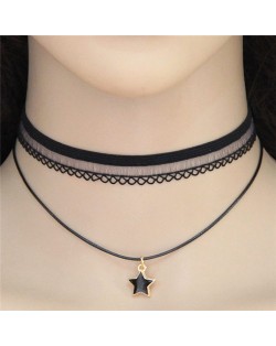 Star Pendant High Fashion Two Layers Lace Choker Costume Necklace