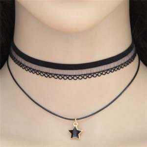 Star Pendant High Fashion Two Layers Lace Choker Costume Necklace
