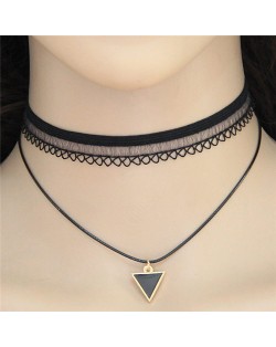 Lucky Triangle Pendant Two Layers Lace Choker Costume Necklace