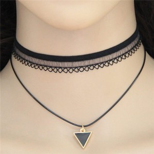 Lucky Triangle Pendant Two Layers Lace Choker Costume Necklace
