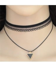 Lucky Triangle Pendant Two Layers Lace Choker Costume Necklace