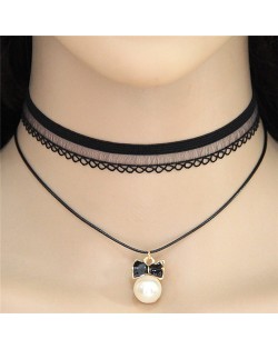 Graceful Bowknot Pearl Pendant Dual Layers Lace Choker Costume Necklace