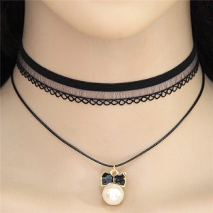 Graceful Bowknot Pearl Pendant Dual Layers Lace Choker Costume Necklace