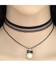 Graceful Bowknot Pearl Pendant Dual Layers Lace Choker Costume Necklace