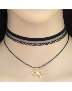 Hollow Golden Bowknot Pendant Dual Layers Lace Choker Fashion Necklace
