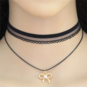 Hollow Golden Bowknot Pendant Dual Layers Lace Choker Fashion Necklace