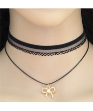 Hollow Golden Bowknot Pendant Dual Layers Lace Choker Fashion Necklace