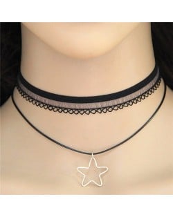 Cute Pendagram Pendant Dual Layers Lace Choker Fashion Necklace