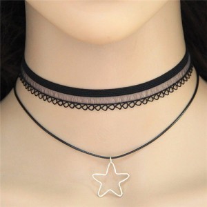 Cute Pendagram Pendant Dual Layers Lace Choker Fashion Necklace