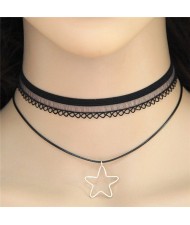 Cute Pendagram Pendant Dual Layers Lace Choker Fashion Necklace