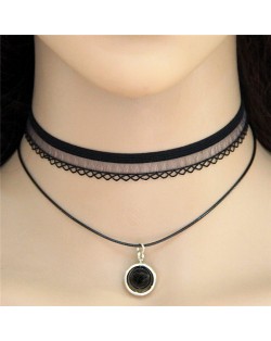 Black Round Pendant Two Layers Lace Choker Costume Necklace