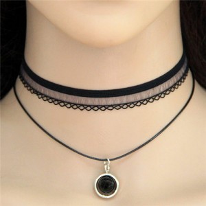 Black Round Pendant Two Layers Lace Choker Costume Necklace