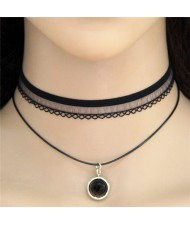 Black Round Pendant Two Layers Lace Choker Costume Necklace
