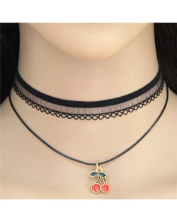 Cherry Pendant Two Layers Lace Choker Fashion Necklace