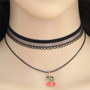 Cherry Pendant Two Layers Lace Choker Fashion Necklace
